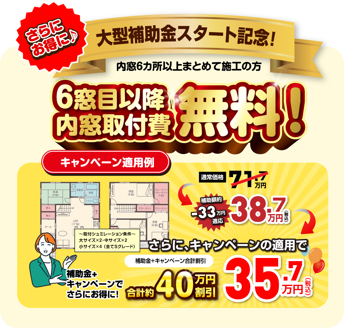 さらにお得に 大型補助金スタート記念 内窓6か所以上まとめて施工の方 6窓目以降内窓取り付け費無料 補助金適応で46.4万円 さらにキャンペーン適応で38.9万円